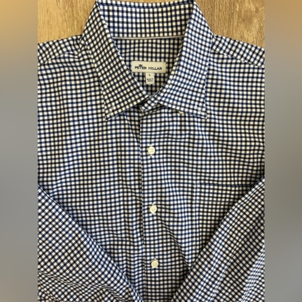 Peter Millar Navy and White Gingham Button-Down Shirt
